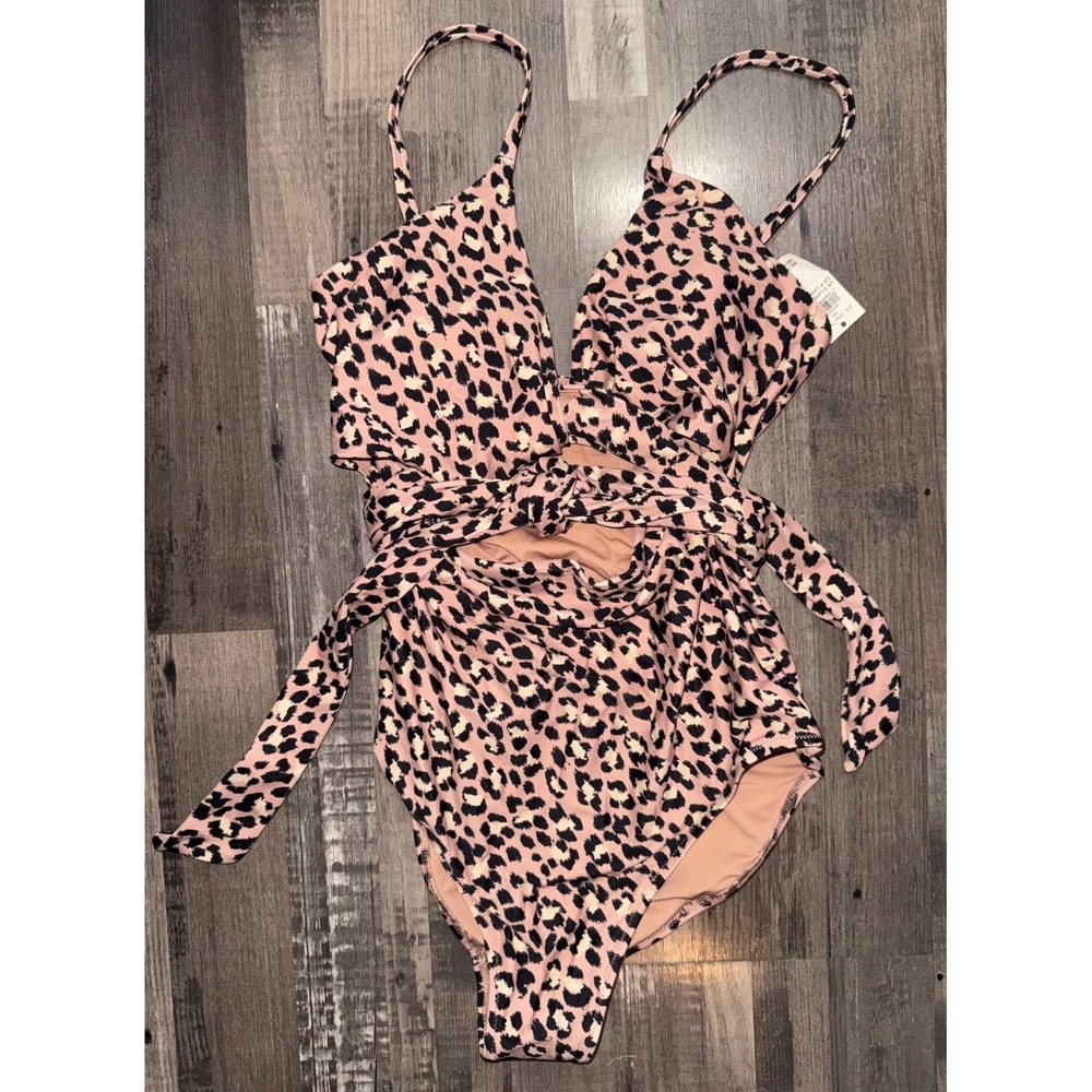 Aerie Pink Leopard Print Wrap One Piece Swimsuit S Long NWT Cutout Full Coverage